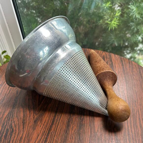 Vintage Aluminum Cone Strainer with Wooden Pestle | Farmhouse Kitchen Décor - Picture 6 of 13